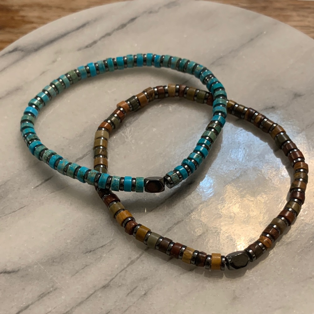 2 Natural Stone Beaded Bracelets. Turquoise and Tiger Eye.